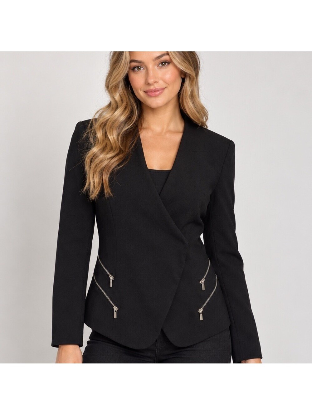 Nine West Black Asymmetrical Blazer Women’s 6 Zip Pocket Moto Biker Y2K Goth